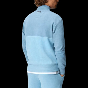 <b>Men's</b> Light Blue Long Sleeve Zipper Knitted Sweatshirt With Matching <b>Shorts</b> Casual Two Piece Set Front Logo Design - Product Image 2