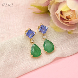 Ready Stock 14K Solid Gold Dual Gemstone Dangle <b>Earrings</b> Real Emerald Drop & Tanzanite <b>Top</b> <b>Earrings</b> 0.12CTW Fine Diamond Jewelry - Product Image 4
