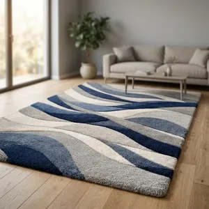 Tapis tufté rectangulaire fait main, design floral moderne, géométrique abstrait, bleu, gris, blanc, rembourré, pour salon - Product Image 6