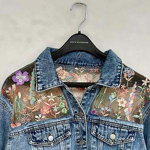 2026 <b>Women</b> <b>Embroidered</b> Denim <b>Jacket</b> Floral Mesh Panel Button Up Regular Fit Streetwear OEM CustomDenim <b>Jacket</b> - Product Image 3