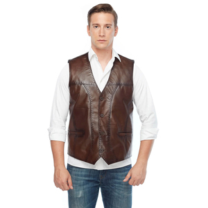 Men's Brown Leather Vest V-Neck Zipper Closure Breathable Casual Outer Wear Regular Fit Winter Street Style - Product Image 1