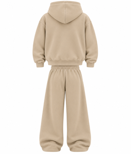 Conjunto deportivo de dos piezas para mujer, sudadera con capucha beige con cremallera y pantalones jogger casuales - Product Image 2
