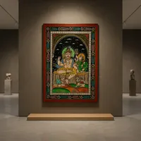 Handgefertigte Pattachitra-Malerei Shiva sitzend mit Parvati auf Holz für Innenraum-Wohnzimmer Wanddekoration