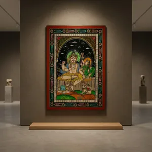 Peinture Pattachitra artisanale représentant Shiva assis sur Parvati sur bois pour décoration murale intérieure dans le salon - Product Image 5