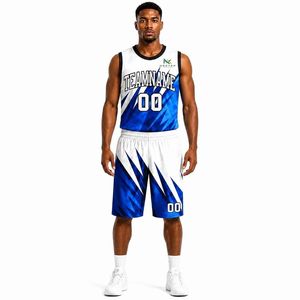 Ensemble de maillots de basket-ball sublimés personnalisés pour hommes, bleu et blanc, imprimé dynamique, uniforme en mesh, tenue d'équipe avec shorts, fabrication OEM - Product Image 2