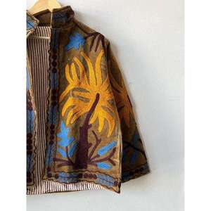 Premium Brown <b>Velvet</b> Embroidered Suzani <b>Jacket</b> With Floral Pattern Stand Collar Full Sleeve Autumn Women's Outerwear - Product Image 2