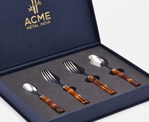 Juego de cubiertos ACME METAL con mango de bambú, cabezas de acero inoxidable con acabado espejo y mango de bambú para bodas, fiestas y restaurantes. - Product Image 3