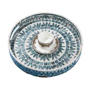Mother of pearl tray Round decorative <b>mosaic</b> serving tray with handles for coffee <b>table</b> home decor and luxury hotel use - Product Image 1