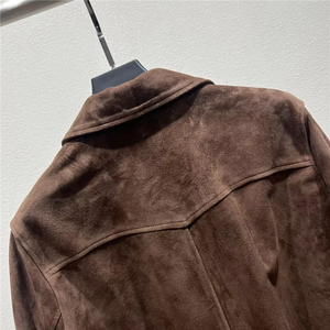 Veste en cuir suédé marron pour homme, style workwear, col rabattu, fermeture éclair, coupe classique, vêtement d'automne, couleur unie - Product Image 3