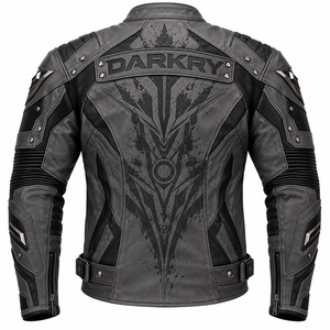Chaqueta de Motociclista de Cuero Gris Oscuro para Hombre, Cuello Alto, Cierre de Cremallera, Chaqueta de Motero con Patrón Geométrico, Resistente al Viento, para Otoño - Product Image 2