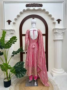 Pink Silk Anarkali <b>Kurta</b> Pant Set With Dupatta Floral Embroidered <b>Indian</b> Pakistani Outfit Wedding Wear - Product Image 3