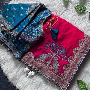 Sari de créateur tendance avec broderie Meena et blouse cousue prête à porter, prix de gros par Royal Export - Product Image 4