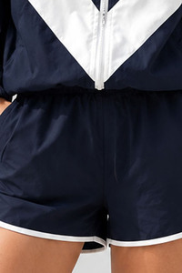 Ensemble coupe-vent pour femmes, bleu marine et blanc, veste et short de sport à fermeture éclair, 2 pièces, vêtements de sport décontractés - Product Image 3