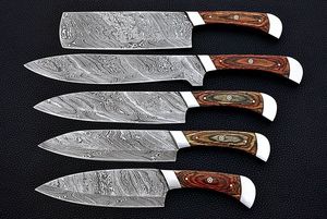 Juego de 5 Cuchillos de Cocina Hechos a Mano de Acero de Damasco con Hoja Recta y Punta Caída, Mangos de Micarta, Personalizables OEM/ODM/OBM - Product Image 2