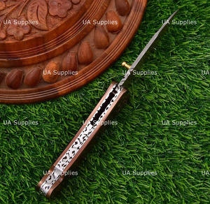 UA Supplies Hand Engraved <b>Copper</b> Handle Damascus Steel EDC Thumb <b>Knob</b> Liner Lock Folding Hunting Knife Leather Pouch Outdoor - Product Image 5