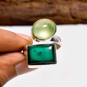 Bague en malachite et préhnite, argent sterling 925, style bohème, bijou fait main, cadeau pour elle - Product Image 6
