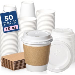 Confezione da 50 Bicchieri di Carta Resistenti da 10 oz per Caffè Caldo, Usa e Getta, con Coperchi Antigoccia e Manicotti per Asporto e Uso Domestico - Product Image 1