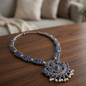 DIVYORO ELEGANT <b>BLUE</b> STONE and SILVER LEAF MOTIF LONG ADJUSTABLE LENGTH WOMEN'S ETHNIC <b>NECKLACE</b> - Product Image 2