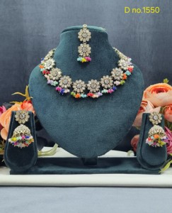 Flower Designer Link Necklace <b>Set</b> With Earrings & Tika Crystal Beaded Droplets Fashion <b>Jewellery</b> <b>Set</b> Festive Wear <b>Jewellery</b> <b>Sets</b> - Product Image 2