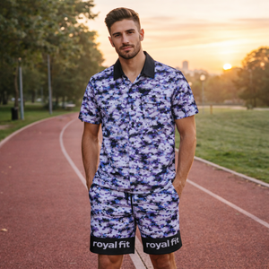 Ensemble 2 pièces pour homme personnalisé, chemise et short camouflage violet, ensemble assorti décontracté à boutons, tenue streetwear - Product Image 4