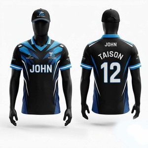 เสื้อคริกเก็ตโพลีเอสเตอร์พรีเมียม 150 GSM แห้งเร็ว ชุดกีฬา พิมพ์ลายแบบซับลิเมชั่นตามสั่ง สีดำ-น้ำเงิน ดีไซน์แผงสี ชุดทีม - Product Image 1