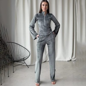 Conjunto Deportivo Gris Sólido para Mujer, Manga Larga, Cierre de Media Cremallera, Pantalones Casuales, Dos Piezas, Corte Regular, Ropa de Otoño - Product Image 5