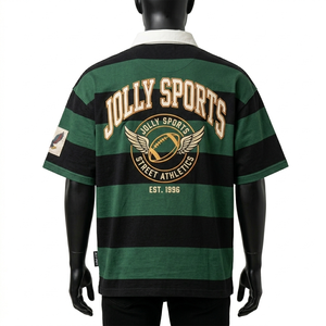 T-shirt de rugby pour homme en jersey de coton premium 240 GSM, coupe oversize, vert et noir à rayures, col polo, logo imprimé à l'écran - Product Image 2