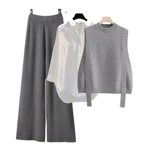 ชุดเสื้อผ้าผู้หญิงสำหรับสาวออฟฟิศ3ชิ้นเสื้อถักแบบหรูหรา + เสื้อเชิ้ตสีขาว + กางเกงขากว้างสำหรับฤดูหนาวฤดูใบไม้ร่วง - Product Image 4