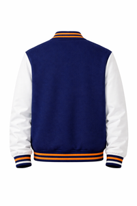 Men's Blue White Varsity Jacket Preppy Style Turn-down Collar Button Front Regular Fit Winter Outerwear Genuine Leather Shell - Product Image 3