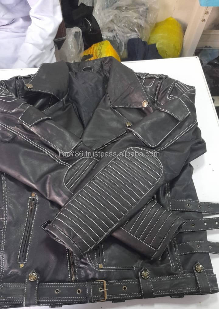 Men White Leather Jacket Real Lambskin Leather Motorcycle Biker - Main Image