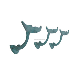 Light Blue Whale Tail Cast Iron <b>Hooks</b> Mounted for Hanging Coats Purses <b>Towels</b> Hats Beach Themed Wall Decor Set of 3 - Product Image 1