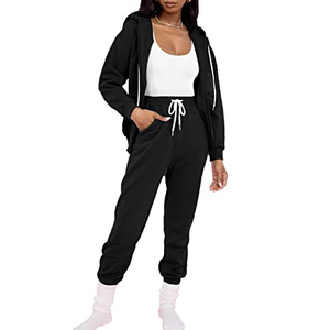 Ensemble de survêtement noir à capuche pour femme, sweat-shirt décontracté à manches longues de couleur unie avec pantalon à cordon de serrage, poches latérales, fermeture éclair - Product Image 4