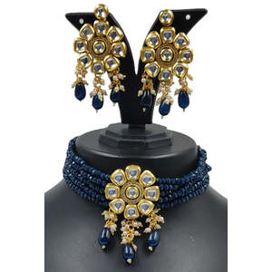 Conjunto de Collar Choker Kundan Chapado en Oro con Perlas de Imitación y Circonitas, Estilo Étnico para Fiestas, Bodas y Regalos - NS613 AZUL - Product Image 1