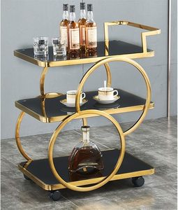 Chariot de bar à 3 niveaux en verre noir avec finition dorée, chariot à boissons roulant, mobilier de bar de luxe pour la maison, chariot de service de boissons contemporain - Product Image 4