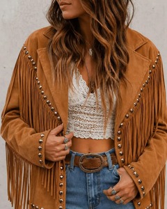 Wholesale Womens Brown Leather Fringed <b>Jacket</b> with Gold Studs Western Style Crop <b>Biker</b> <b>Jacket</b> Outerwear Supplier - Product Image 4