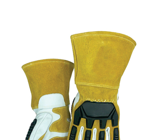 ถุงมือเชื่อมหนังสีดำขาว รุ่น HSI-0018 ยี่ห้อ Holy Signs International บุผ้าฝ้าย ขอบสีเทา เสริมความแข็งแรง นิ้วโป้งตรง สำหรับเชื่อม TIG/MIG - Product Image 4