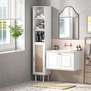 Mobiletto da Bagno Bianco Autoportante Alto con Ripiani Regolabili e Ante in Rattan, Arredo Bagno - Product Image 2