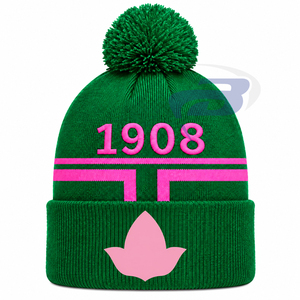 Alpha |   Kapa |   Bonnet d'hiver tricoté Alpha Sorority rose et vert avec pompon brodé 3D 1908 - Product Image 1