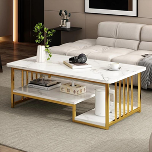 Modern Design White and <b>Gold</b> Coffee Table with Geometric <b>Gold</b> Metal Base - Product Image 2