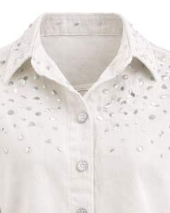 Veste en jean courte blanche personnalisée pour femme avec strass et fermeture boutonnée sur le devant, manches longues, style streetwear tendance pour soirée - Product Image 3