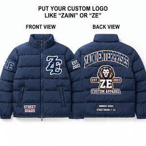100% Polyester Worsted Fabric 145 GSM Navy Blue Camouflage Quilted Panel Puffer <b>Jacket</b> Stand Collar Hooded OEM ODM - Product Image 1