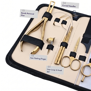 Kit complet d'outils de retrait d'extensions capillaires à micro-anneaux : Pince à retirer les perles, Crochet de tirage, Enfileur de boucles, Ciseaux de barbier, Peigne - Product Image 3