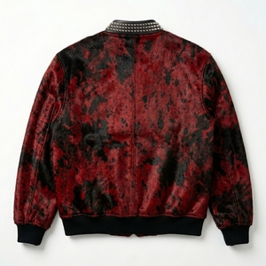 Chaqueta de Cuero Genuino de Pelo de Vaca para Hombre, Estilo Bomber con Estampado Rojo y Negro, Cuello con Tachuelas, Estilo Punk Rock, Venta al por Mayor - Product Image 2