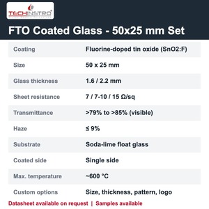 Portaobjetos de Vidrio Recubiertos con FTO de 50x25 mm, Electrodos Transparentes de 1.6 o 2.2 mm con Resistencia de 7 o 7-10 o 15 Ohm/sq para Electroquímica - Product Image 2