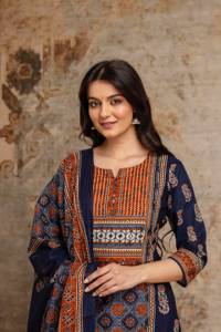 Elegant <b>Navy</b> Blue Cotton Straight Kurta <b>Suit</b> Set for <b>Women</b> with Coordinated <b>Trousers</b> and Traditional Printed Dupatta - Product Image 3