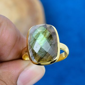 Handmade Natural <b>Labradorite</b> Cushion Shape Gemstone <b>Ring</b> 8K Gold Micron925 Sterling Silver <b>Ring</b> - Product Image 2