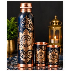 <b>Vintage</b> Copper Water <b>Bottle</b> Set Leakproof with 2 Cups Double Wall Mandala Design Travel Flask - Product Image 1