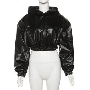 Chaqueta de moto corta de cuero PU para mujer, estilo bomber con cremallera y capucha, abrigo de manga larga - Product Image 2