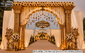 Trending Temple Style <b>Elephant</b> Theme Antique Gold Finish Mandapam Traditional <b>Elephant</b> Carved Pillar Mandap For Hindu Weddings - Product Image 2