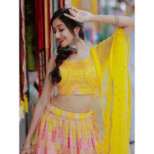 <b>Charming</b> Yellow Printed Organza Haldi Wear Lehenga Choli - Product Image 4